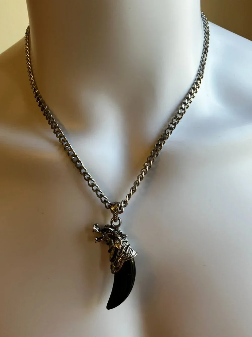 Tusk Black Agate Tusk Gemstone AND Men's Chunky 20 in Stainless Steel Chain NEW